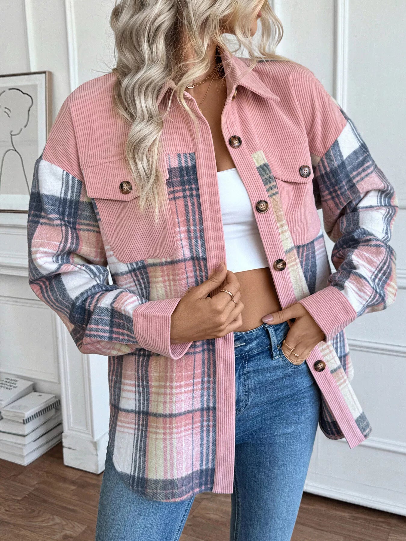 Plaid Button-Up Shacket with Chest Pockets closeup — Livostyle