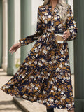 Printed Notched Long Sleeve Midi Dress with Tie in Camel