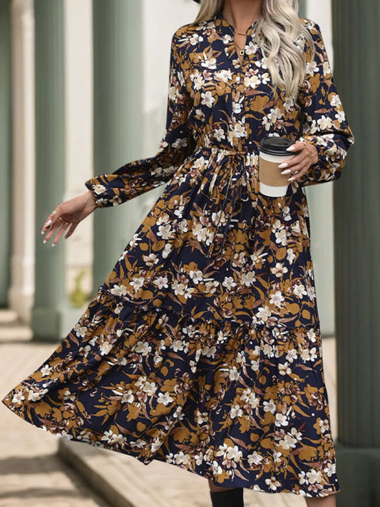 Printed Notched Long Sleeve Midi Dress with Tie in Camel