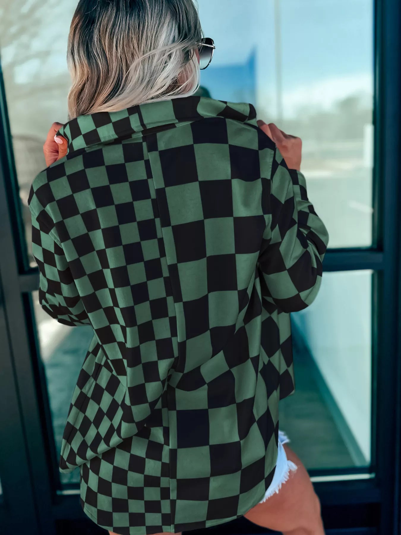 Checkered Pattern Button Up Oversized Jacket detail — Livostyle