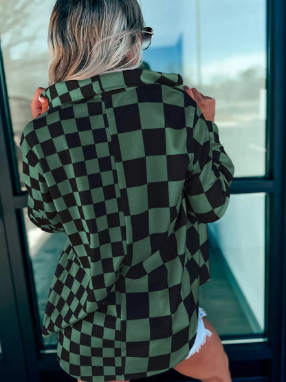 Checkered Pattern Button Up Oversized Jacket detail — Livostyle