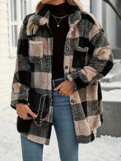 Button Down Collared Neck Plaid Teddy Coat with Pockets — Livostyle
