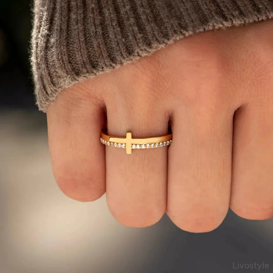 925 Sterling Silver Cross Ring — Dainty Gold Stackable — square view — Livostyle