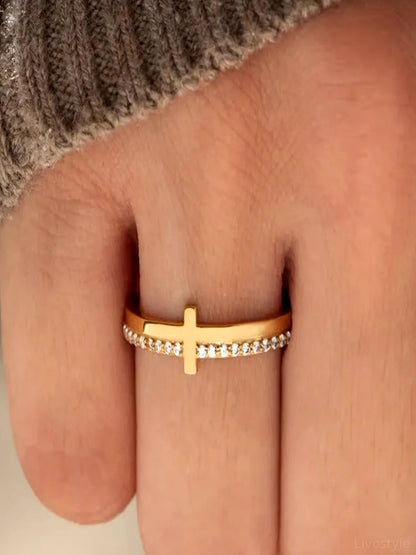 925 Sterling Silver Cross Ring — Dainty Gold Stackable — detail view — Livostyle