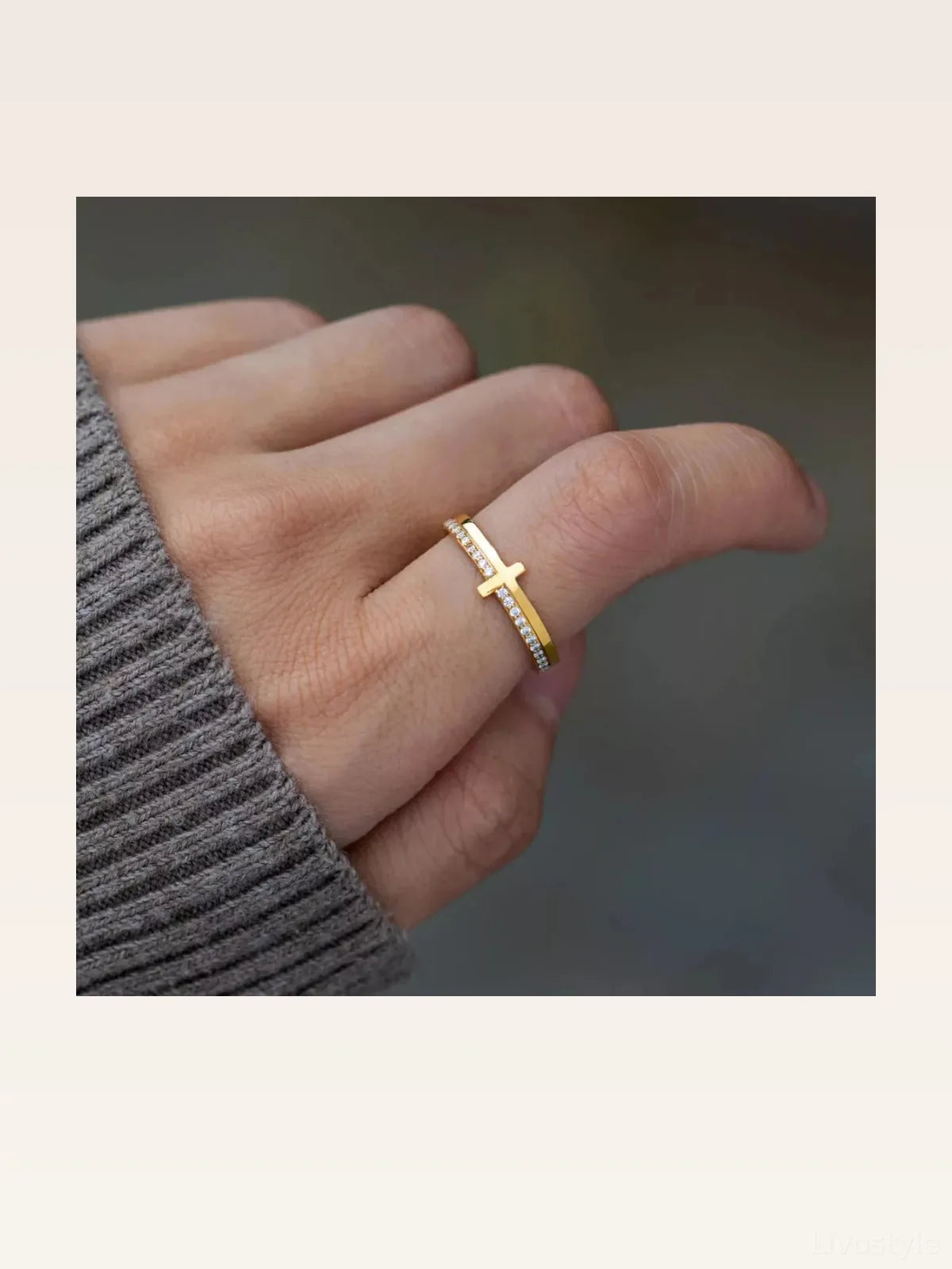 925 Sterling Silver Cross Ring — Dainty Gold Pavé — styled showcase — Livostyle