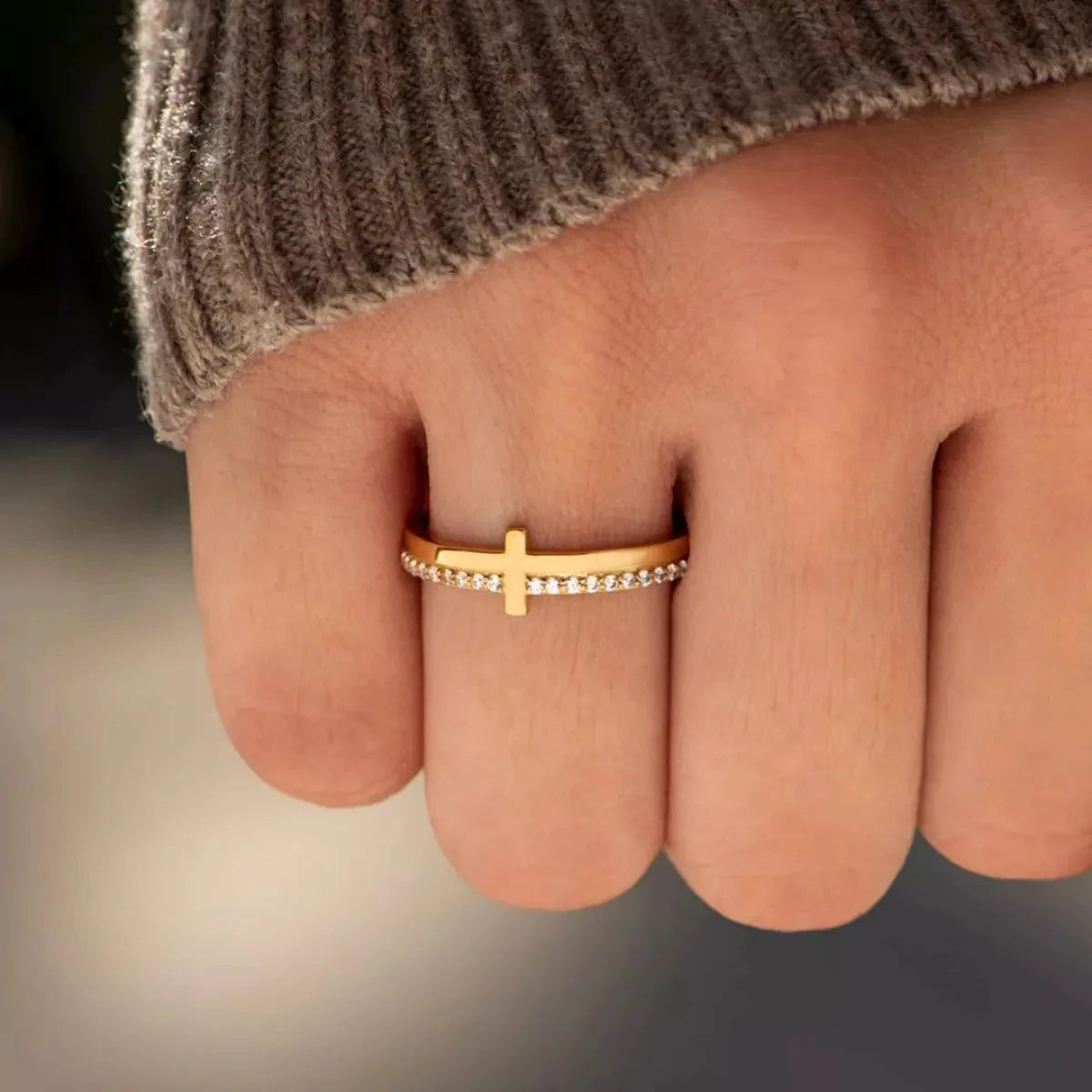 925 Sterling Silver Cross Ring — Dainty Gold Stacking — square view — Livostyle