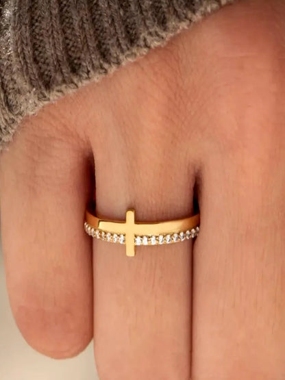 925 Sterling Silver Cross Ring — Dainty Gold Stacking — detail view — Livostyle