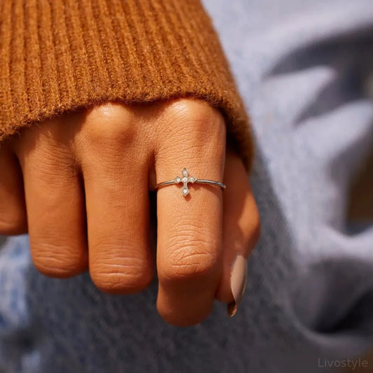925 Sterling Silver Zircon Cross Ring — square view — Livostyle