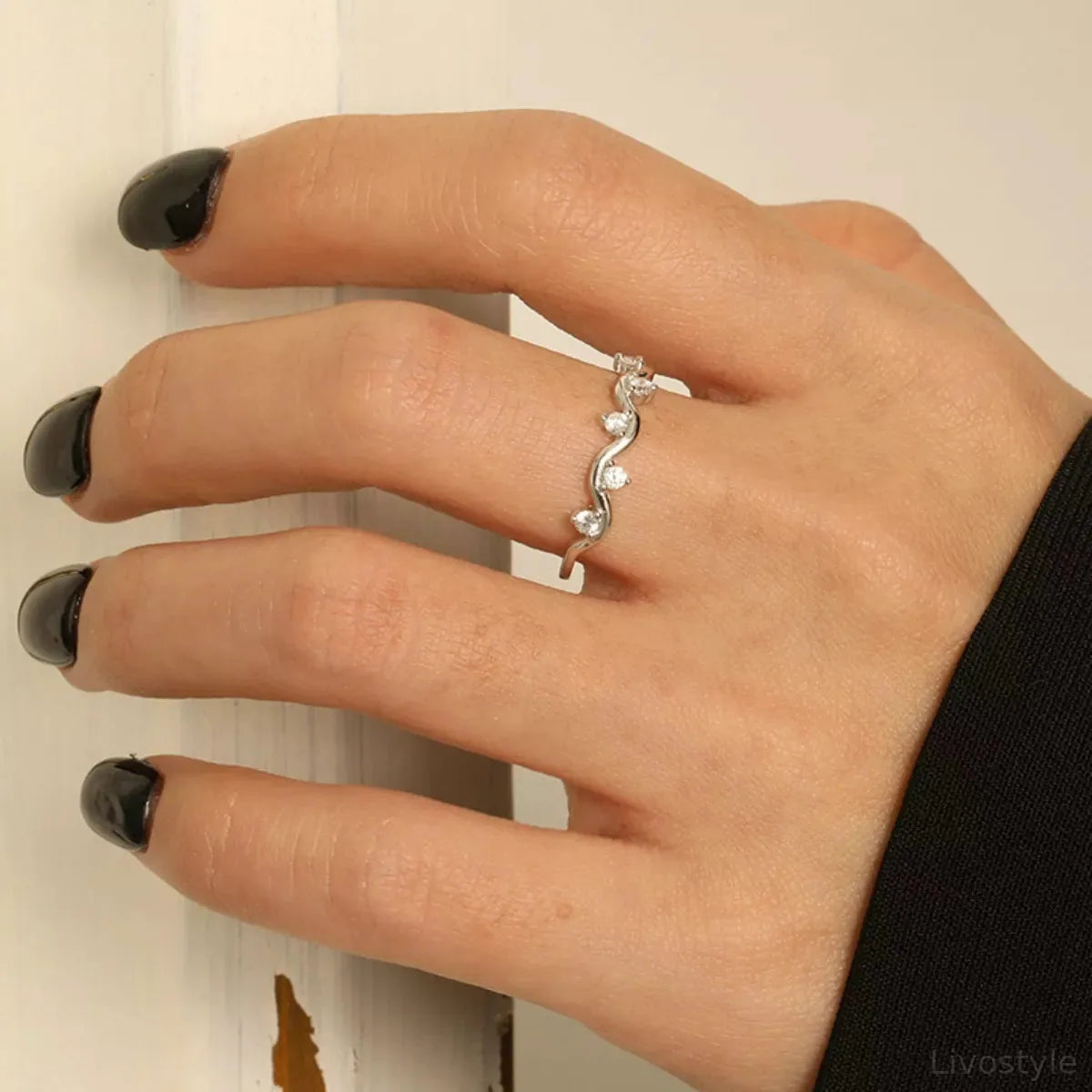 925 Sterling Silver Zircon Wave Ring — square view — Livostyle