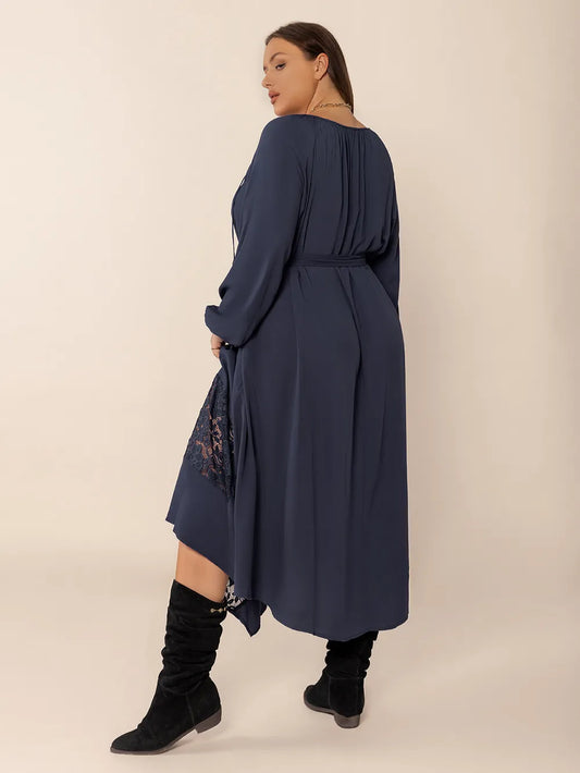 Lace Detail Tie Neck Long Sleeve Midi Dress – Plus Size