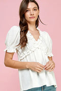 Solid Ruffled Deep V-Neck Puff Sleeve Babydoll Top — Livostyle