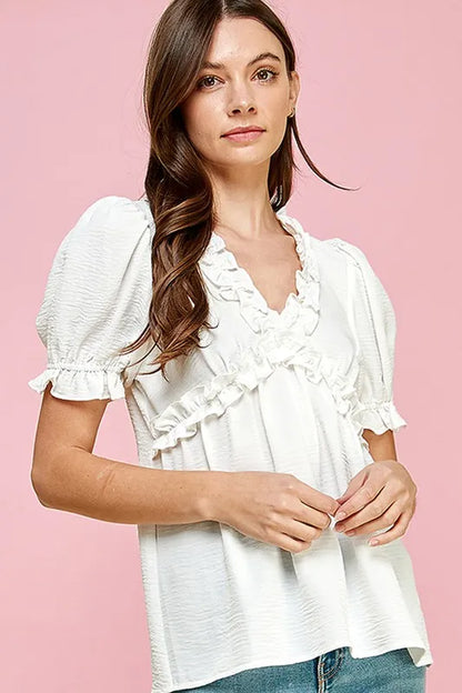 Solid Ruffled Deep V-Neck Puff Sleeve Babydoll Top — Livostyle