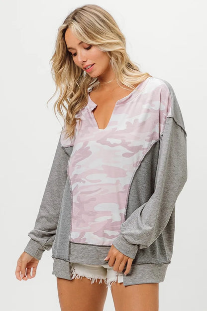 Camo & Color Block French Terry Top: Trendy & Comfortable — Livostyle