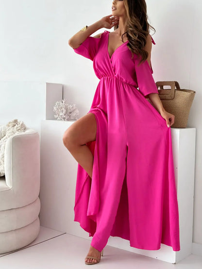 Tied Shoulder Slit Maxi Dress in Hot Pink