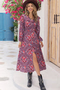 Bohemian Printed Slit Long Sleeve Midi Dress with Ruffle Collar in Purple