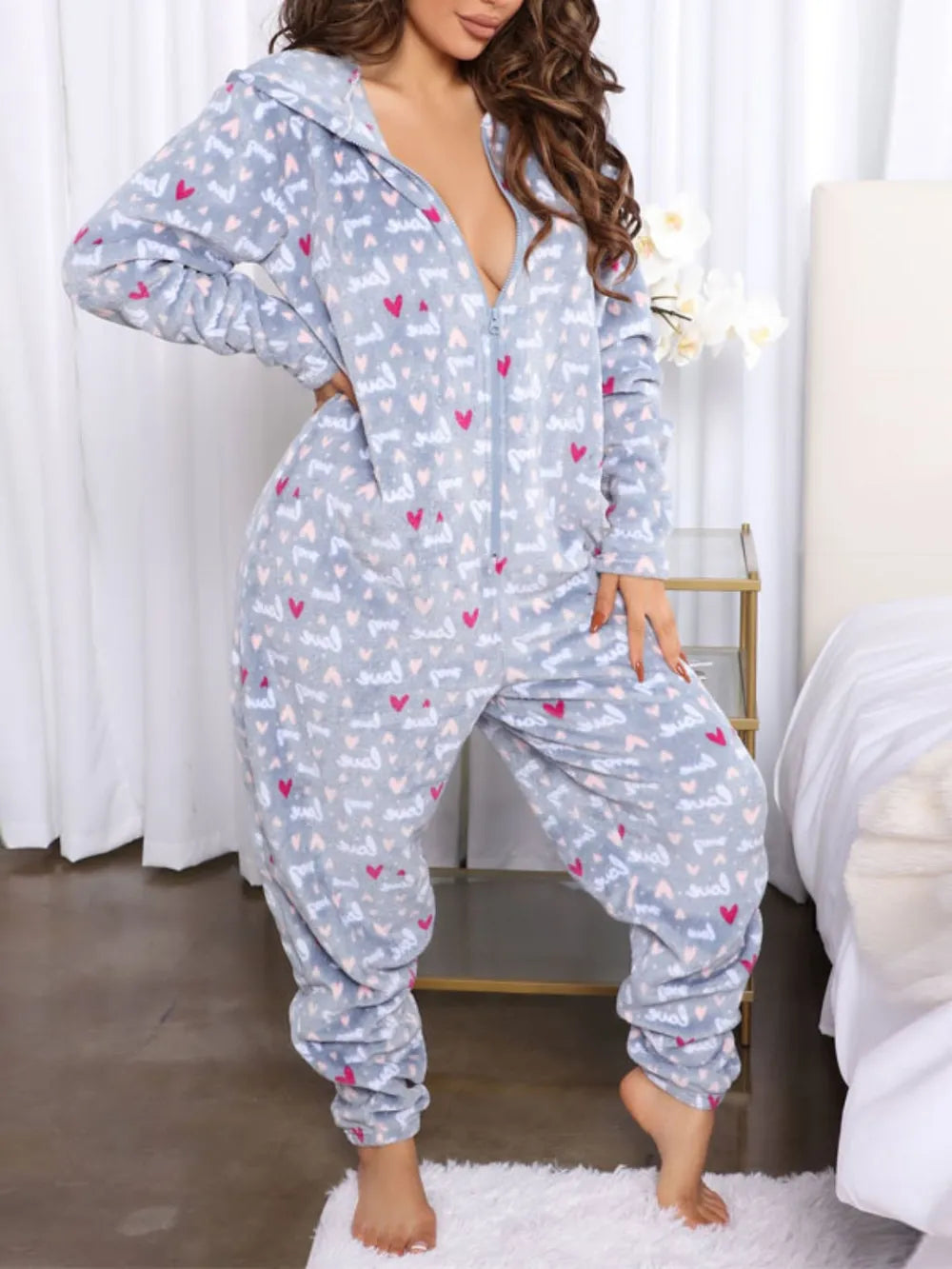 Printed Zip Up Long Sleeve Hooded Lounge Jumpsuit — Livostyle