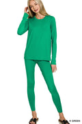 Microfiber Round Neck Top and Leggings Set in K GREEN