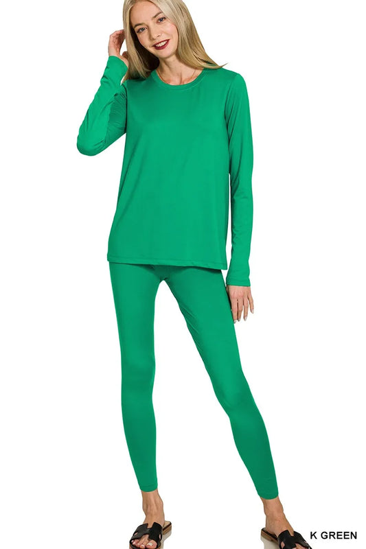 Microfiber Round Neck Top and Leggings Set in K GREEN