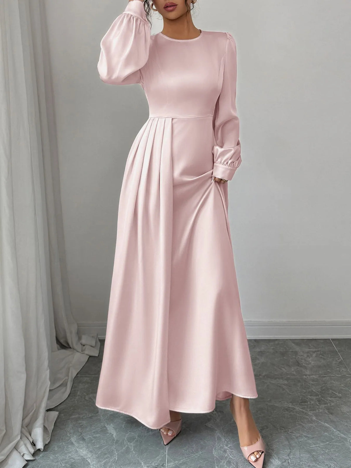 Long Sleeve Satin Maxi Dress with Slit