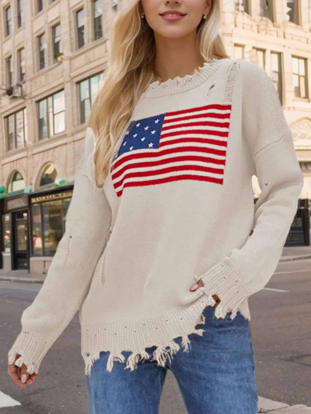 US Flag Distressed Round Neck Long Sleeve Sweater back view — Livostyle