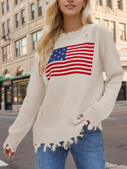 US Flag Distressed Round Neck Long Sleeve Sweater back view — Livostyle