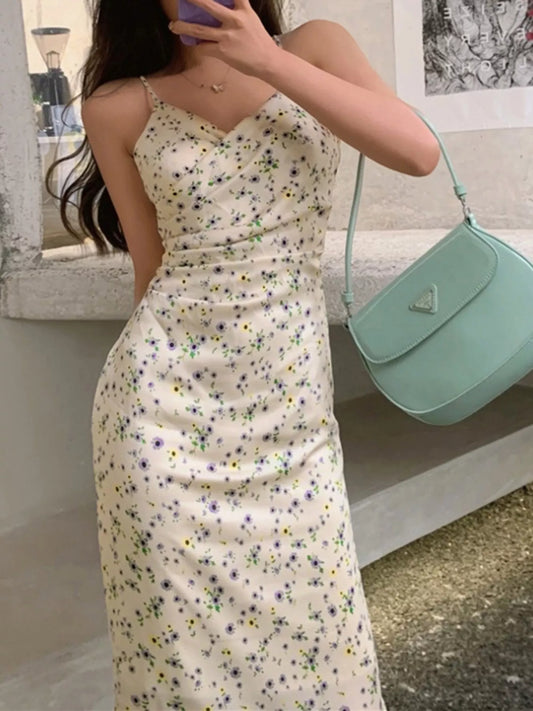 Floral Print Spaghetti Strap Midi Dress with Ruching in Beige