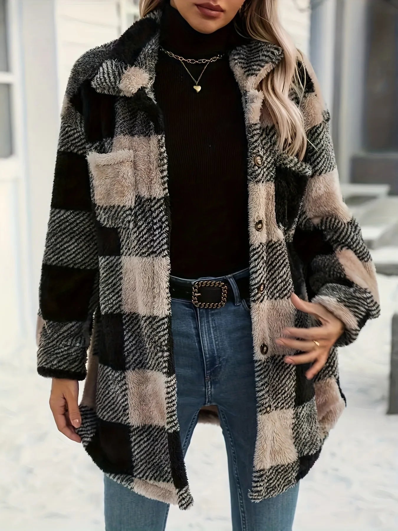Button Down Collared Neck Plaid Teddy Coat with Pockets detail — Livostyle