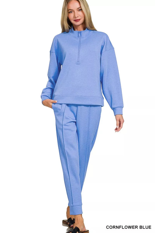 Scuba Half Zip Pullover and Jogger Set in CORNFLOWER BLUE