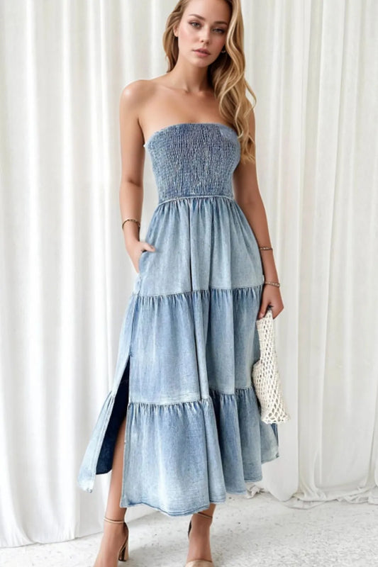 Smocked Tube Slit Tiered Denim Dress detail — Livostyle