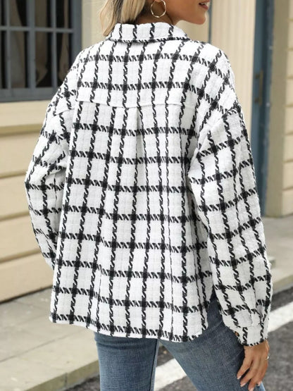 Plaid Button Up Long Sleeve Jacket closeup — Livostyle