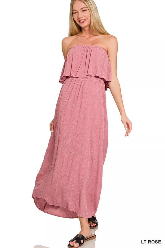 Strapless Woven Crinkle Maxi Dress