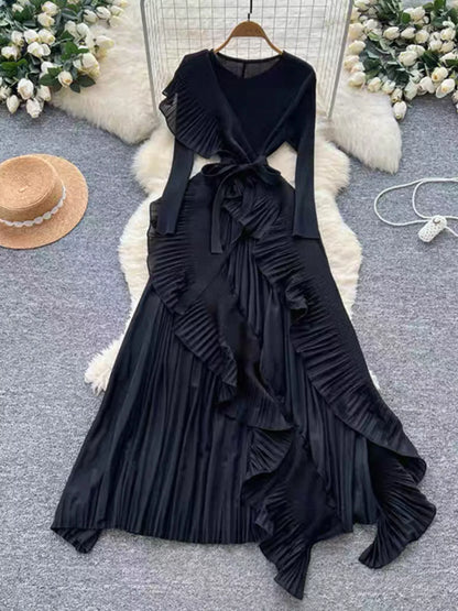 Ruffle Trim Pleated Midi Dress with Tie Detail in Black