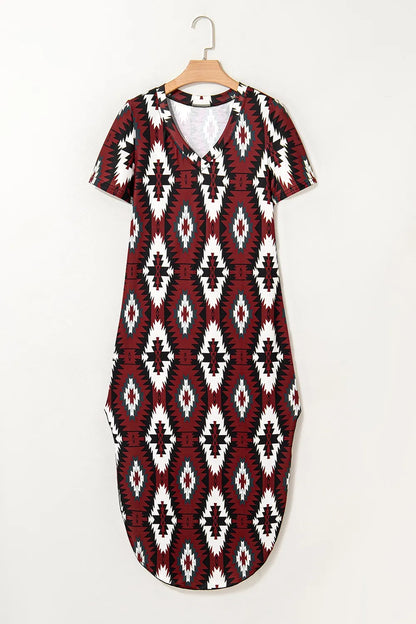 Aztec Print V-Neck Midi Dress with Split Hem – photo 16