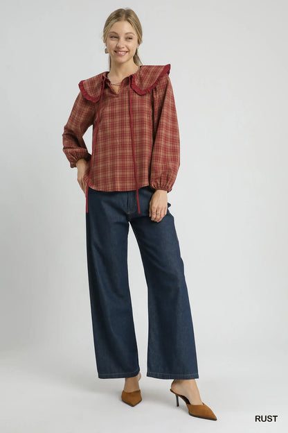 Full Size Plaid Ruffle Collar Blouse Plus Size styling — Livostyle