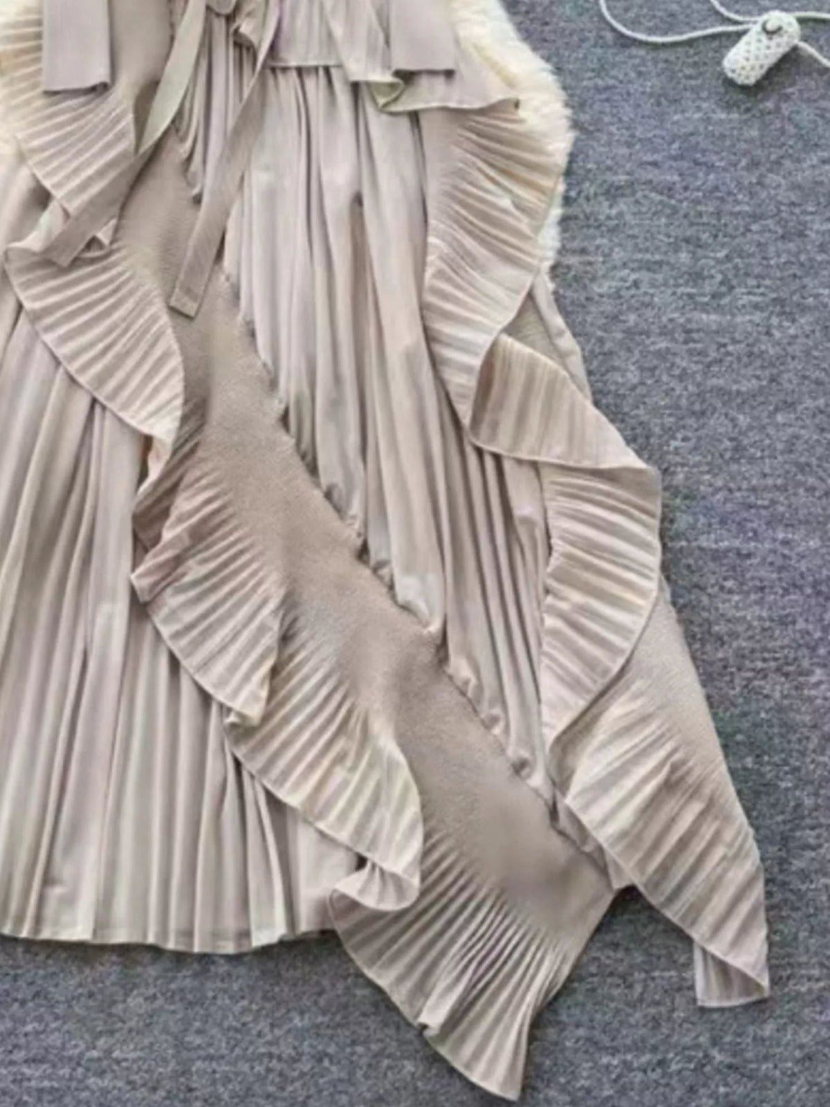Ruffle Trim Pleated Midi Dress with Tie Detail