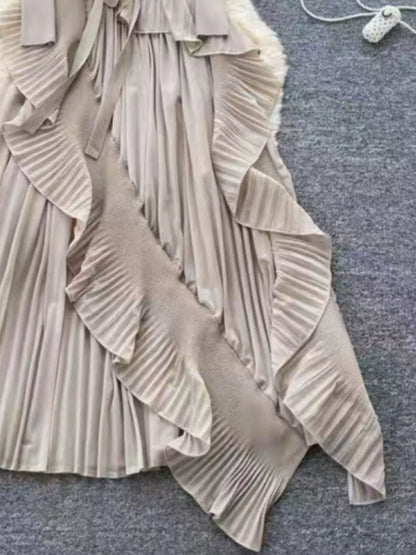 Ruffle Trim Pleated Midi Dress with Tie Detail