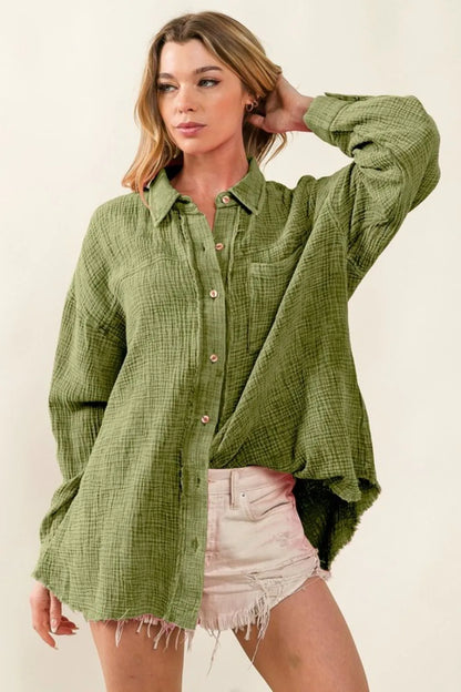 Casual Mineral-Washed Loose Fit Shirt with Raw Edge Detailing — Livostyle