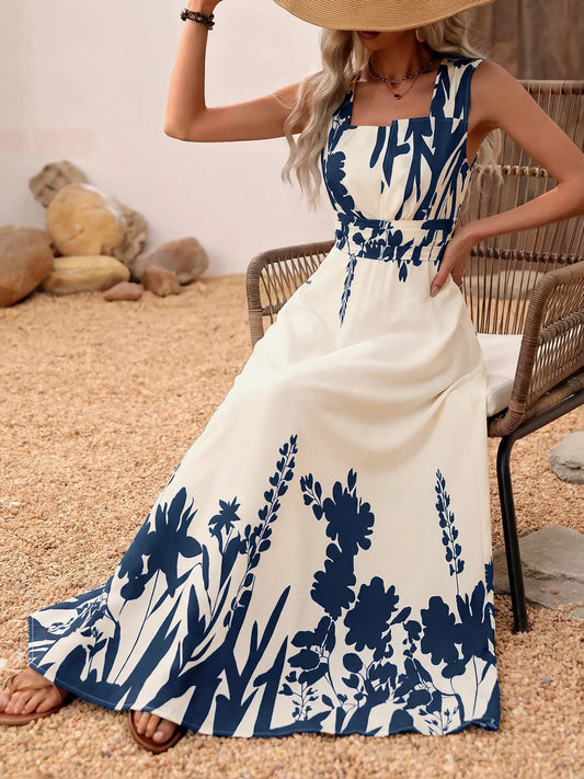Printed Square Neck Maxi Dress with Zipper