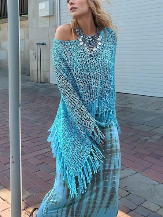 Tassel Boat Neck Knit Shawl — Livostyle