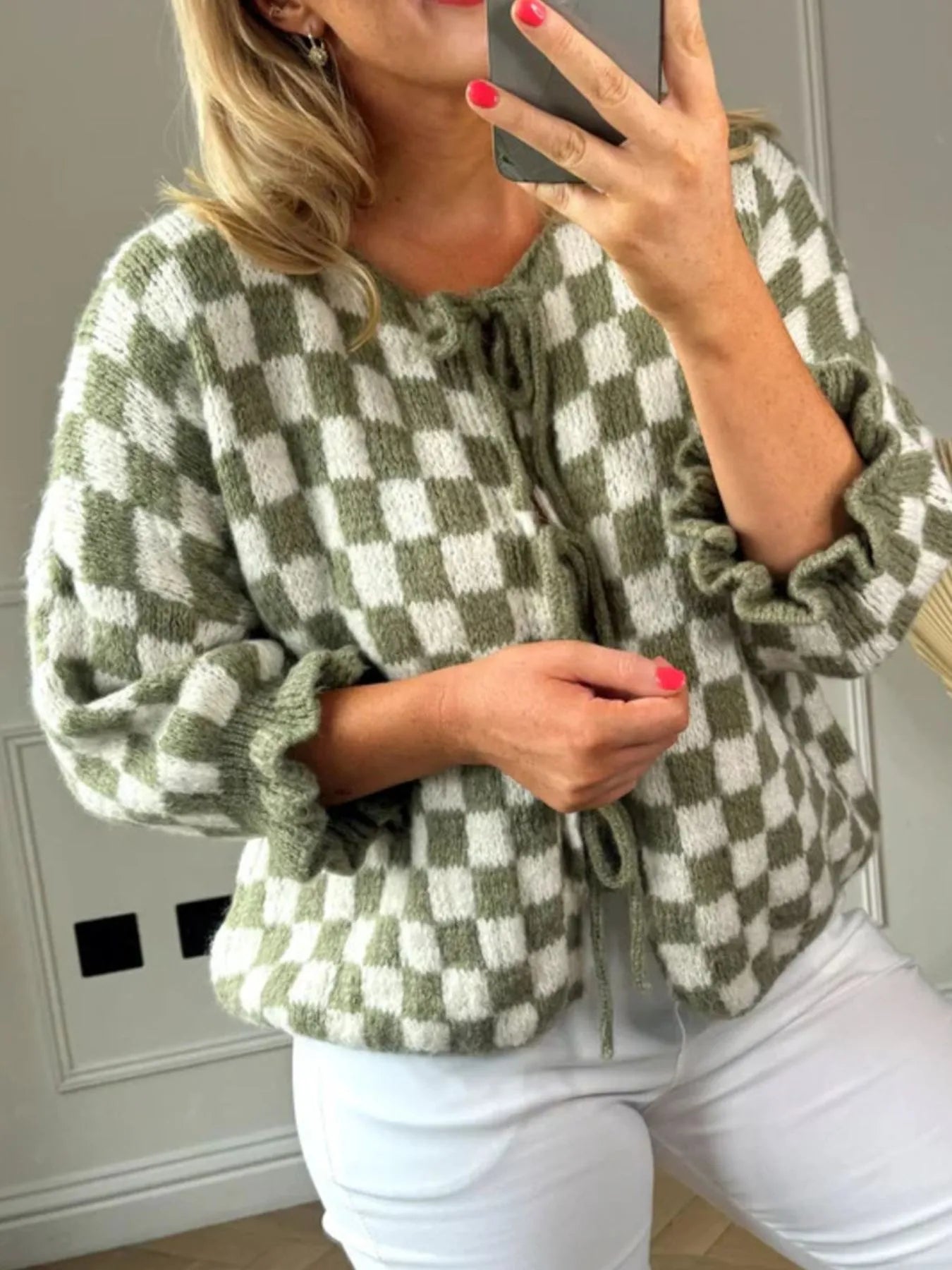 Checkered Tie-Front Knit Cardigan closeup — Livostyle