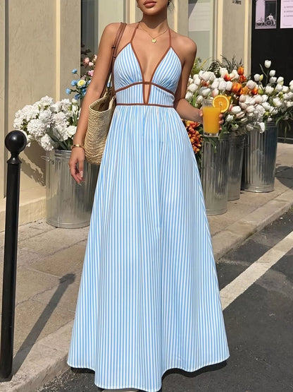 Striped Halter Neck Smocked Maxi Dress in Blue