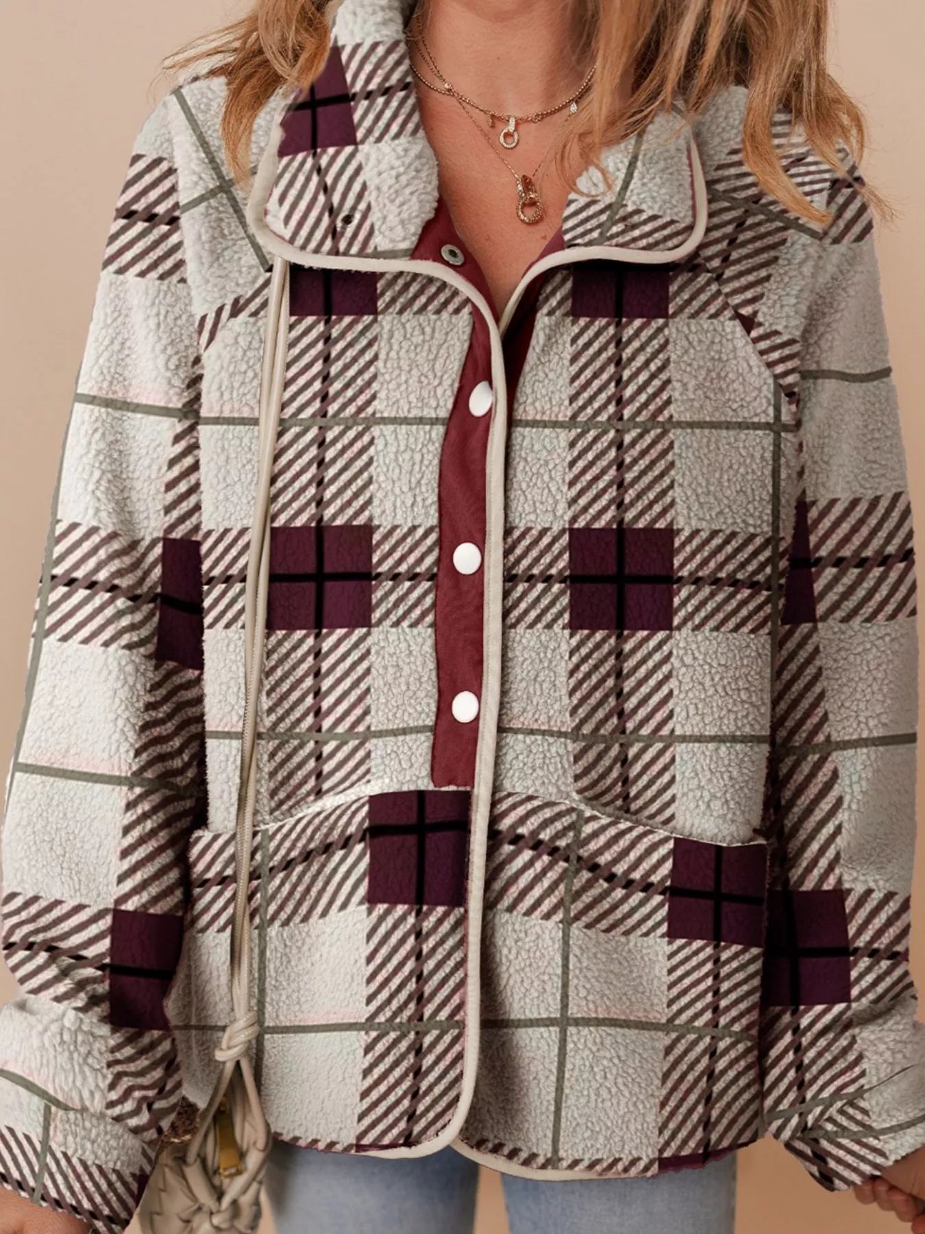 Plaid Buttoned Stand Collar Fleece Jacket — Livostyle