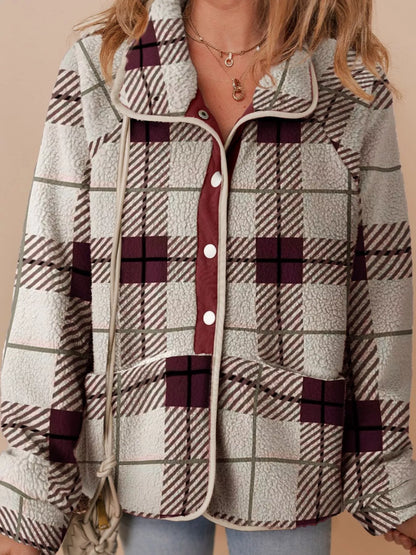 Plaid Buttoned Stand Collar Fleece Jacket — Livostyle