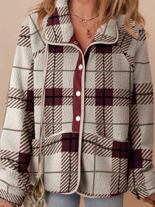 Plaid Buttoned Stand Collar Fleece Jacket — Livostyle