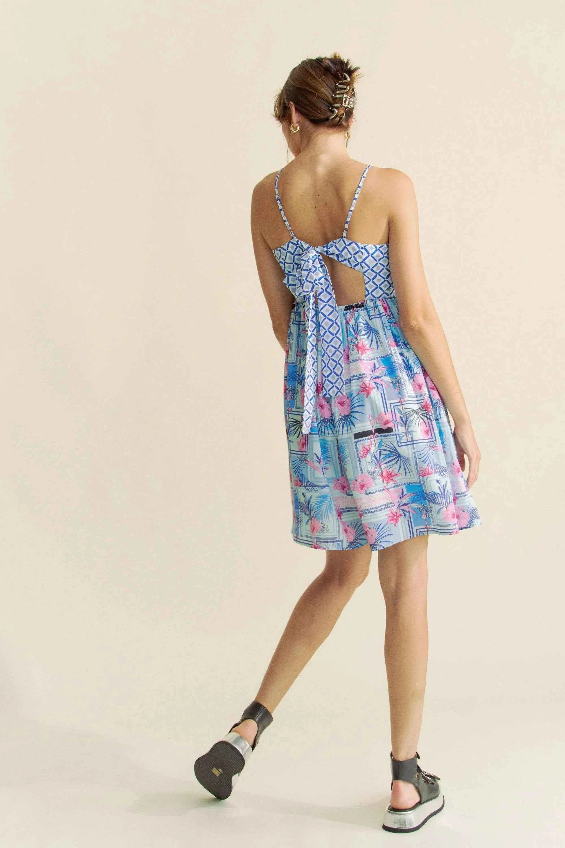 Davi & Dani Tropical Floral Geo Print Tie Back Tube Top Romper