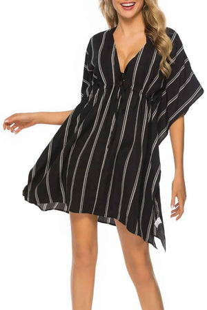 Drawstring Striped V-Neck Short Sleeve Beach Cover-Up in Black