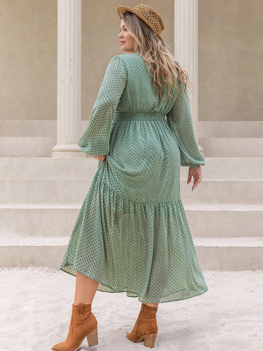 Tassel Printed Tie Neck Long Sleeve Midi Dress – Plus Size