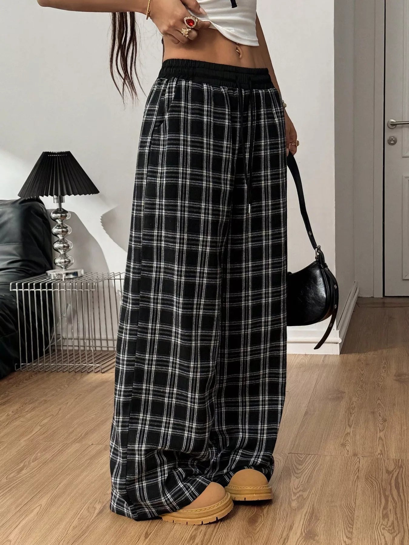 Plaid Wide-Leg Pants with Elastic Waistband styling — Livostyle