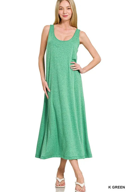French terry twisted-strap midi dress in olive green — Livostyle