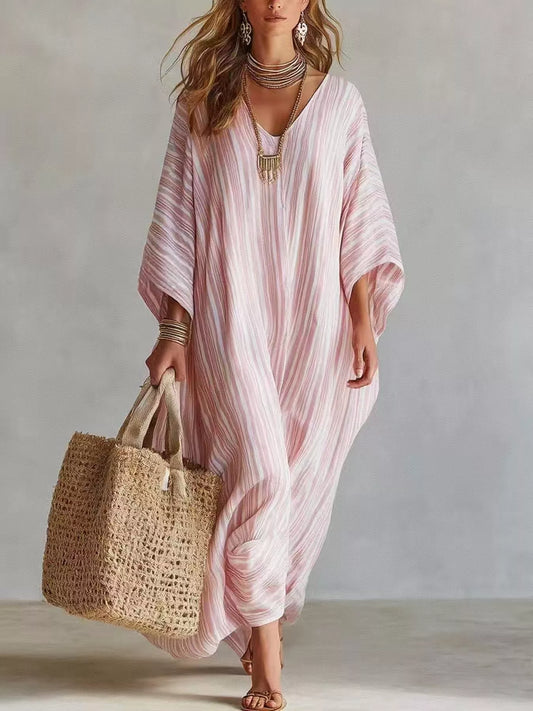 Striped V-Neck Oversized Maxi Dress in Blush Pink